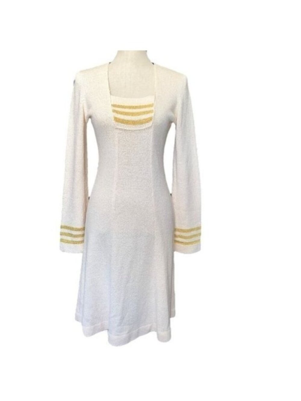Ricardo Knit Dress Womens Cream Gold Stripe Textured Long Sleeve Square Neck